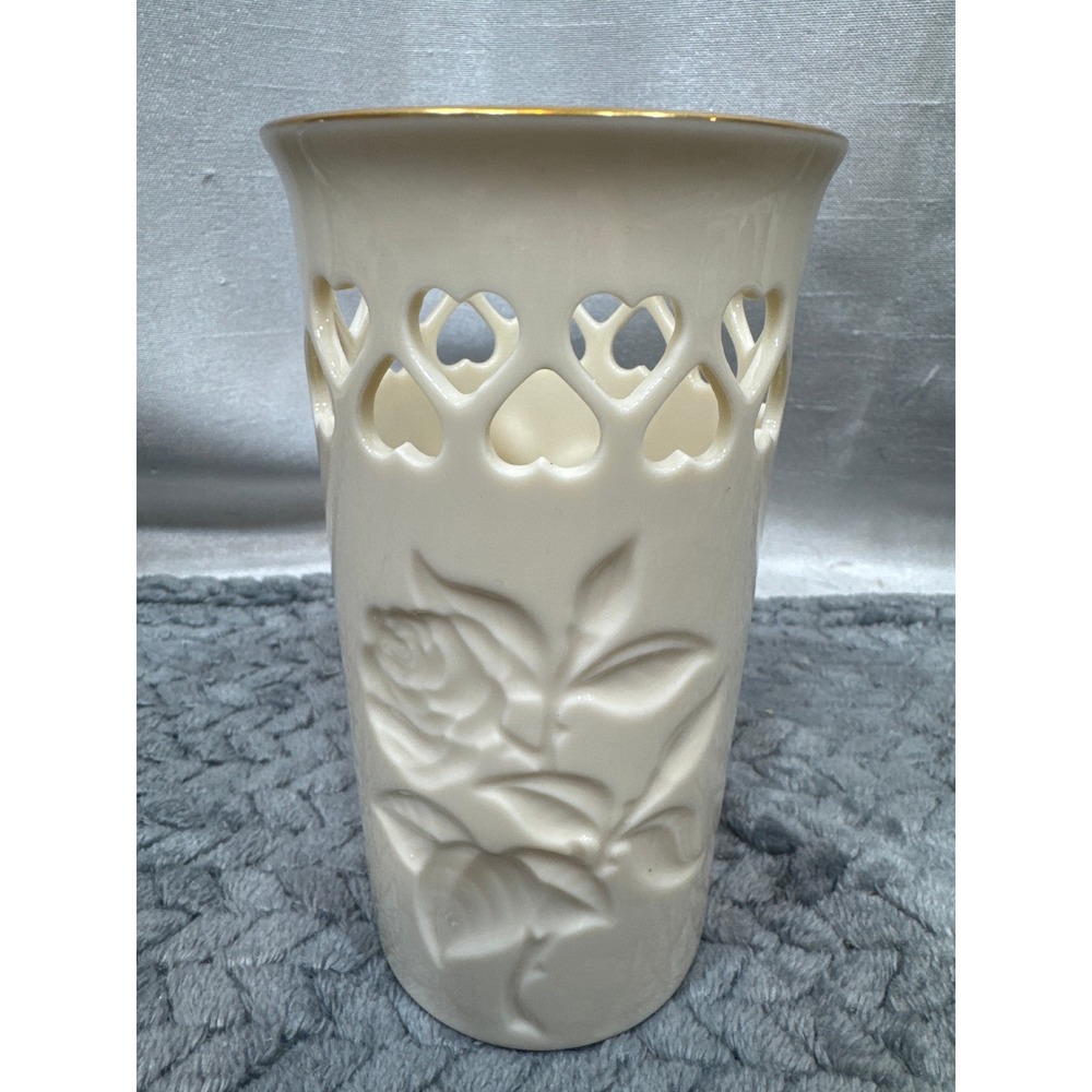 Lenox Ivory China Rose Embossed Pierced Heart Vase 24k Gold Trim Made in USA